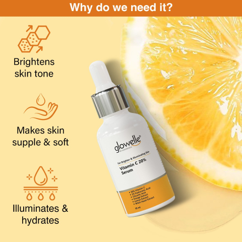 Aryanveda Glowelle Vitamin C 20% With Orange Extracts, Lemon Extracts and Witch Hazel Extract Face Serum | For Brighter and illuminated Skin - 30 ML