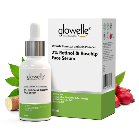 Aryanveda Glowelle 2% Retinol and Rosehip Oil Extract Face Serum | For Plumping and Wrinkle-free Skin | For Both Men and Women - 30 ML