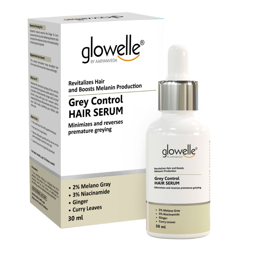 Glowelle Grey Control Hair Serum Infused with Melano Gray, Niacinamide, Ginger and Curry Leaves, Decreases Gray hair and Boosts Melanin production for black hair and Stimulates New Hair Growth