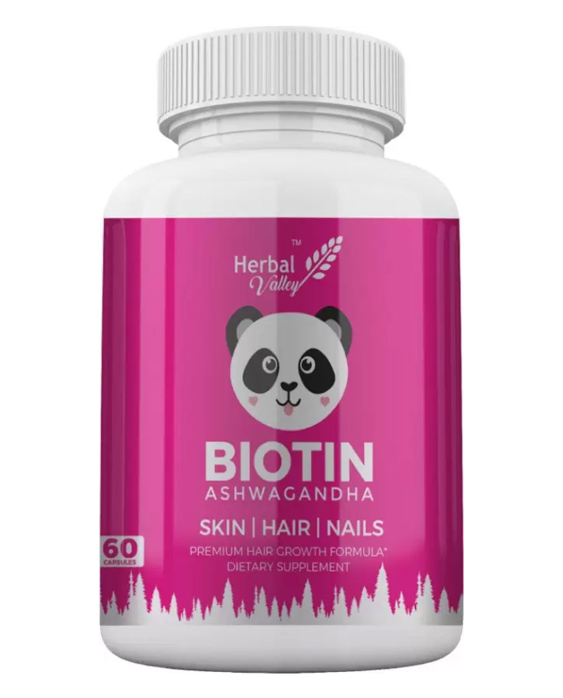HerbalValley Biotin + Ashwagandha | For Skin, Hair & Nails | 30 Mcg 60 Capsules