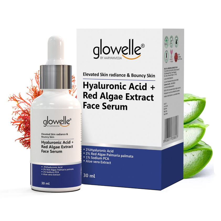 Aryanveda Glowelle Hyaluronic Acid & Red Algae Extract Face Serum With Aloe Vera Extracts | For Elevated Radiance and Bouncy Skin - 30 ML