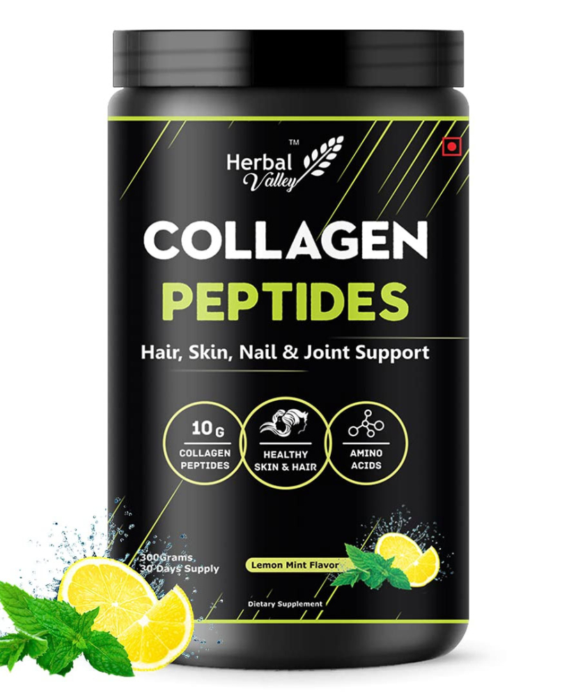 HerbalValley Collagen Peptides Powder | Naturally flavored Lemon Mint | Supplement for Healthy & Shiny Hair | Strong Nails | Optimal Skin | Joint Care | 300 gram | Pack of 1