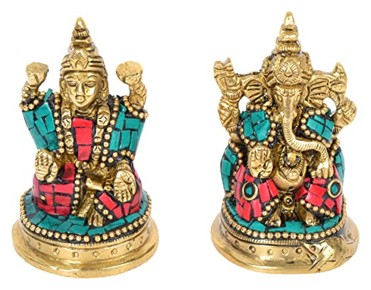 Brass Goddess Lakshmi Idol Laxmi Ganesh Murti Statue for Diwali Home Temple (4 cm x 8 cm x 6 cm)