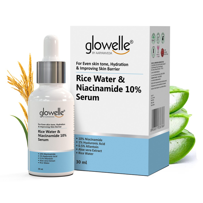Aryanveda Glowelle Rice Water & 10% Niacinamide Face Serum With Aloe Vera Extracts | For Even Skin Tone, Hydration & Improving Skin Barrier - 30 ML