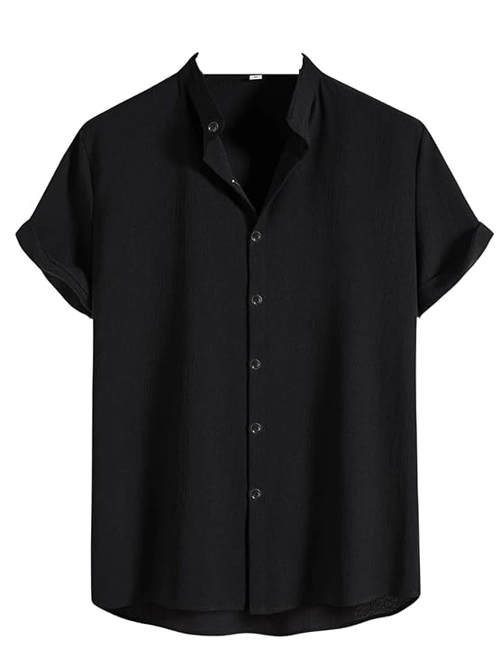 SWADESI STUFF Men's Regular Fit Polycotton Casual Chinese Collar Half Sleeve Solid Color Shirt